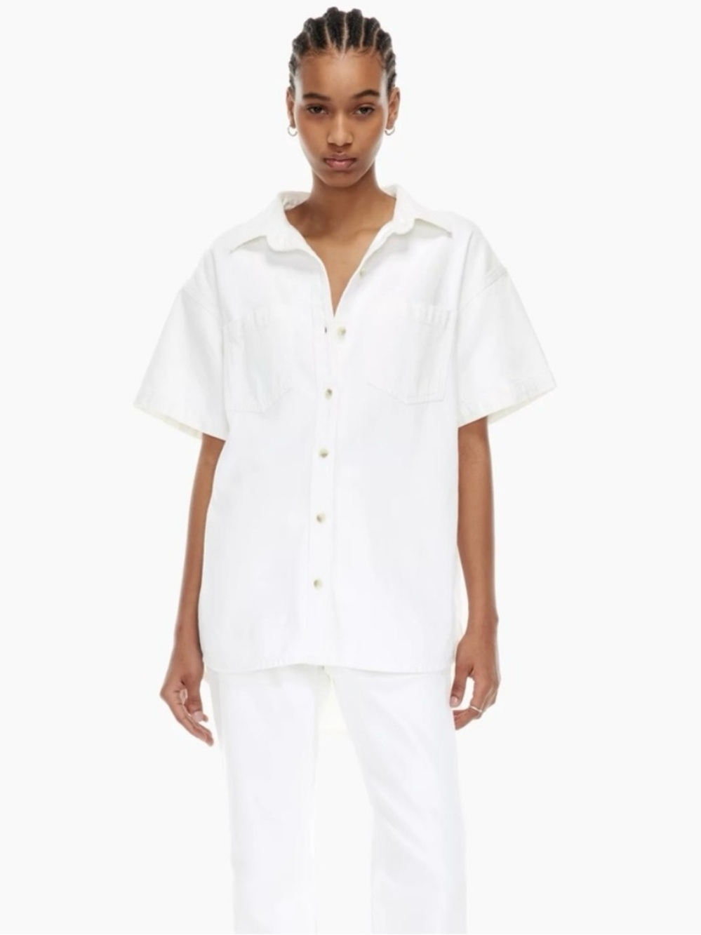Aritzia Denim Forum 90s White Denim Short Sleeve Button Up Casual Cotton Shirt